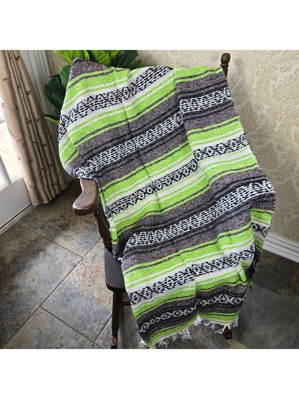 La Malinche Mexican Blanket Green White Black White Fringed Ends Made in Mexico